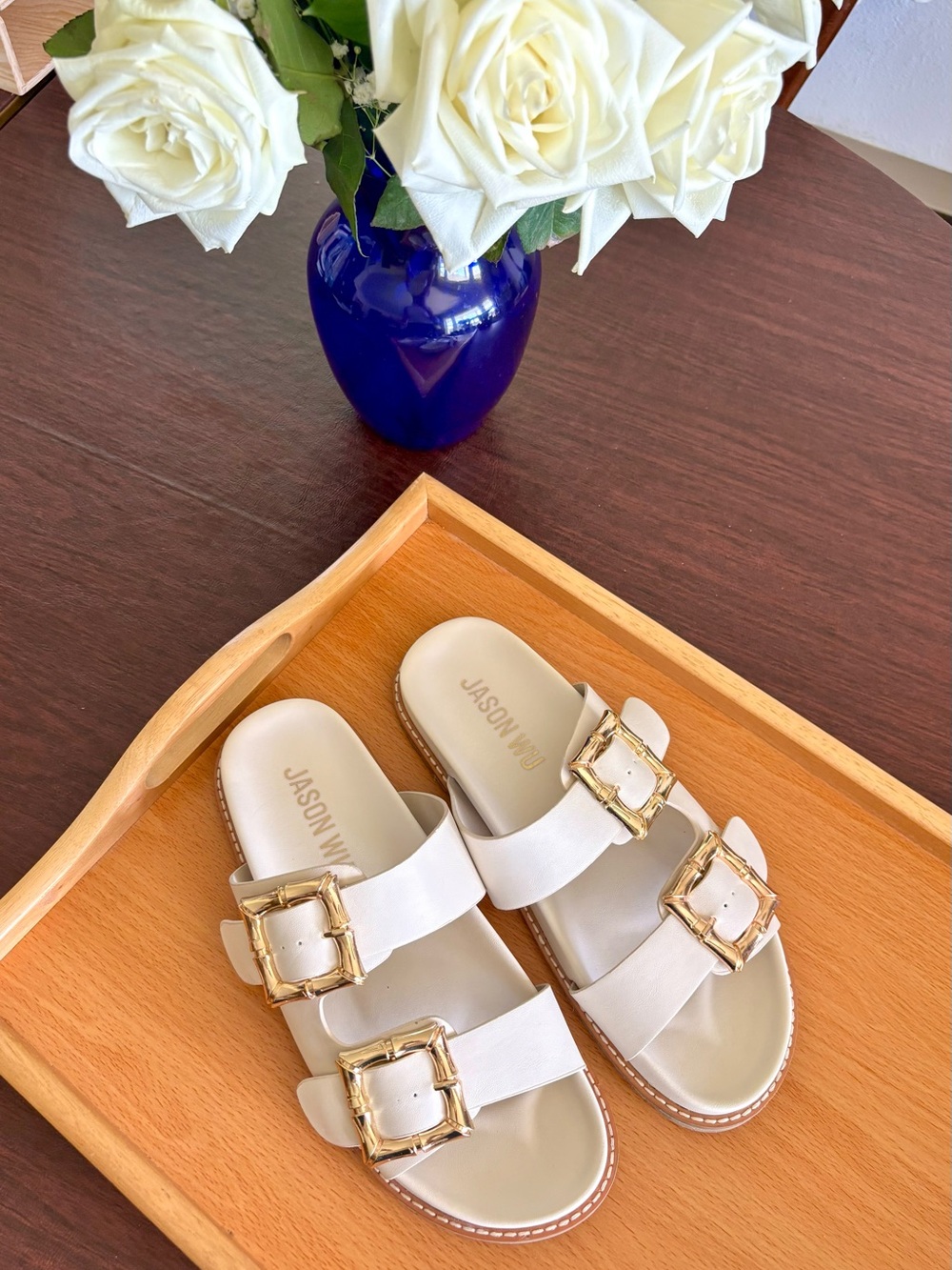 Jason Wu Cream Leather Double-Buckle Slide Sandals with Gold Hardware